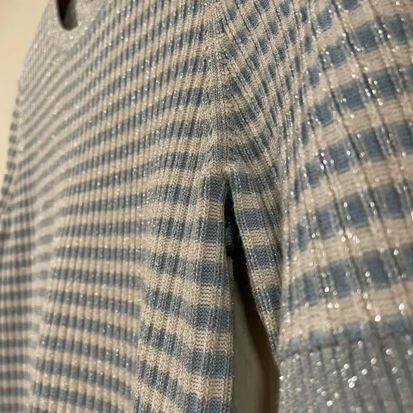 ~Brooks Brothers XL Sweater Short Sleeved Striped Metallic Ribbed Knit Lite Blue - Picture 3 of 16
